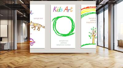 Set of wax crayon kid`s drawn colorful sample cards with hand drawing tree, cat, car, ship, letters. Hand drawn art background. Child`s painting pastel chalk and design elements, vector. Wall mural